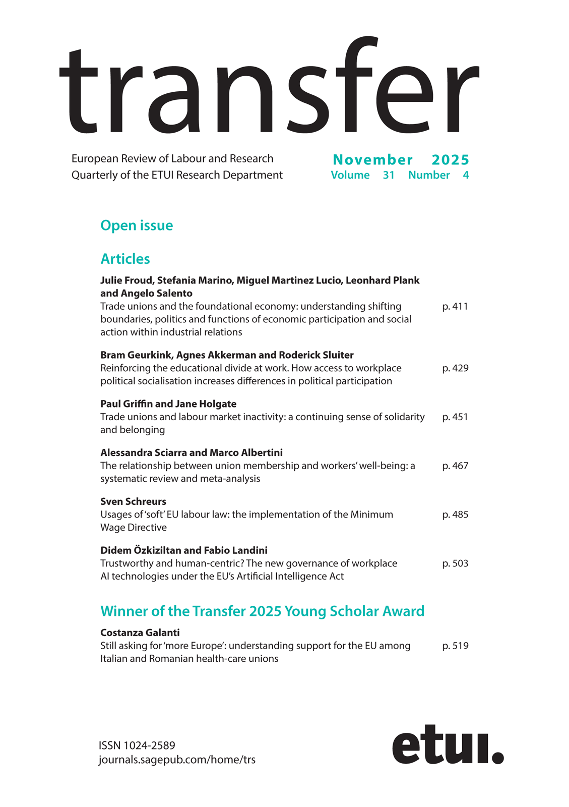 Transfer: European Review of Labour and Research journal cover